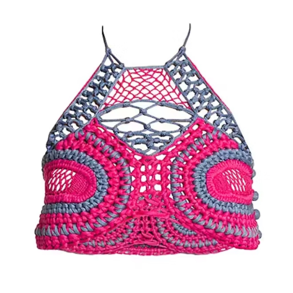 ETRO Pink and Gray Crochet Halter Top, IT38, US size XS